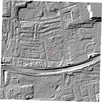 Shaded relief map of the ground around E138PG, computed from Environment Agency LiDAR. The ground here sits at about 2 m above sea level and falls 15 m across the surrounding 800 m. Surface water reaching this point runs off ground lying to the north-east, 8.0 m higher.