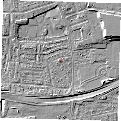 Shaded relief map of the ground around E138PH, computed from Environment Agency LiDAR. The ground here sits at about 2 m above sea level and falls 14 m across the surrounding 800 m. Surface water reaching this point runs off ground lying to the north-west, 5.0 m higher.