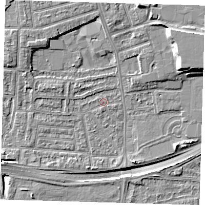 Shaded relief map of the ground around E138PJ, computed from Environment Agency LiDAR. The ground here sits at about 2 m above sea level and falls 15 m across the surrounding 800 m. Surface water reaching this point runs off ground lying to the north-west, 4.7 m higher.