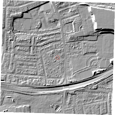 Shaded relief map of the ground around E138PL, computed from Environment Agency LiDAR. The ground here sits at about 2 m above sea level and falls 14 m across the surrounding 800 m. Surface water reaching this point runs off ground lying to the north-east, 8.3 m higher.