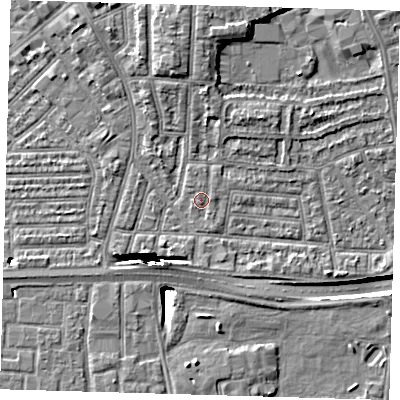 Shaded relief map of the ground around E138PN, computed from Environment Agency LiDAR. The ground here sits at about 2 m above sea level and falls 13 m across the surrounding 800 m. Surface water reaching this point runs off ground lying to the east-north-east, 0.8 m higher.