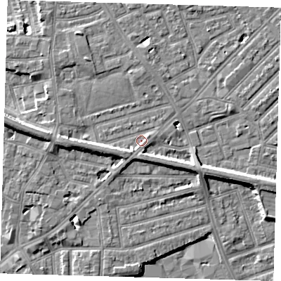 Shaded relief map of the ground around E138PS, computed from Environment Agency LiDAR. The ground here sits at about 6 m above sea level and falls 7 m across the surrounding 800 m. Surface water reaching this point runs off ground lying to the west-south-west, 3.3 m higher.