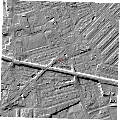 Shaded relief map of the ground around E138QE, computed from Environment Agency LiDAR. The ground here sits at about 6 m above sea level and falls 7 m across the surrounding 800 m. Surface water reaching this point runs off ground lying to the west, 1.6 m higher.