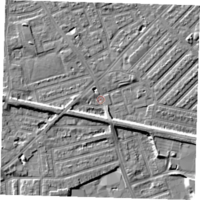 Shaded relief map of the ground around E138QG, computed from Environment Agency LiDAR. The ground here sits at about 5 m above sea level and falls 7 m across the surrounding 800 m. Surface water reaching this point runs off ground lying to the west-south-west, 6.0 m higher.