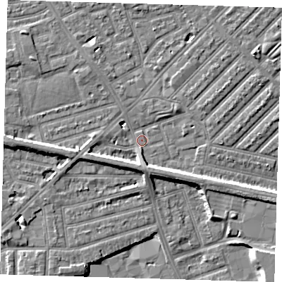 Shaded relief map of the ground around E138RH, computed from Environment Agency LiDAR. The ground here sits at about 5 m above sea level and falls 7 m across the surrounding 800 m. Surface water reaching this point runs off ground lying to the south-south-east, 4.0 m higher.