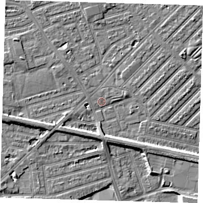 Shaded relief map of the ground around E138RJ, computed from Environment Agency LiDAR. The ground here sits at about 5 m above sea level and falls 7 m across the surrounding 800 m. Surface water reaching this point runs off ground lying to the south-west, 6.0 m higher.