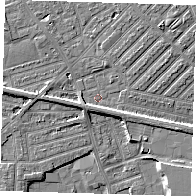 Shaded relief map of the ground around E138RL, computed from Environment Agency LiDAR. The ground here sits at about 5 m above sea level and falls 8 m across the surrounding 800 m. Surface water reaching this point runs off ground lying to the south-west, 4.0 m higher.