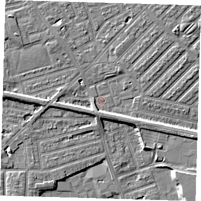 Shaded relief map of the ground around E138RN, computed from Environment Agency LiDAR. The ground here sits at about 5 m above sea level and falls 7 m across the surrounding 800 m. Surface water reaching this point runs off ground lying to the south, 4.0 m higher.