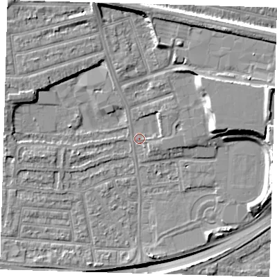 Shaded relief map of the ground around E138RY, computed from Environment Agency LiDAR. The ground here sits at about 3 m above sea level and falls 16 m across the surrounding 800 m. Surface water reaching this point runs off ground lying to the north-north-west, 5.5 m higher.