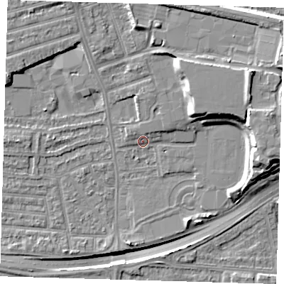 Shaded relief map of the ground around E138RZ, computed from Environment Agency LiDAR. The ground here sits at about 3 m above sea level and falls 16 m across the surrounding 800 m. Surface water reaching this point runs off ground lying to the north-north-east, 2.3 m higher.