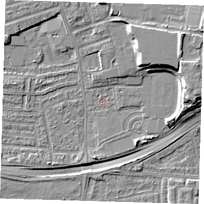 Shaded relief map of the ground around E138SB, computed from Environment Agency LiDAR. The ground here sits at about 2 m above sea level and falls 16 m across the surrounding 800 m. Surface water reaching this point runs off ground lying to the east-north-east, 9.6 m higher.