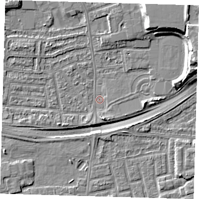Shaded relief map of the ground around E138SD, computed from Environment Agency LiDAR. The ground here sits at about 1 m above sea level and falls 16 m across the surrounding 800 m. Surface water reaching this point runs off ground lying to the south-south-east, 3.1 m higher.
