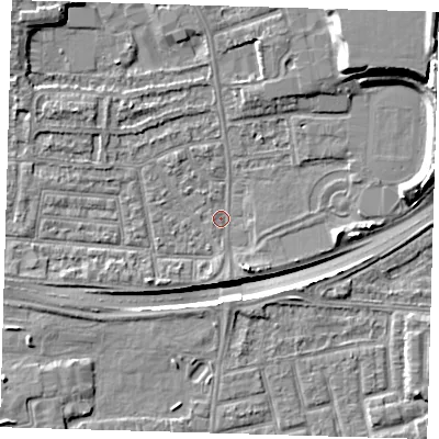 Shaded relief map of the ground around E138SE, computed from Environment Agency LiDAR. The ground here sits at about 1 m above sea level and falls 16 m across the surrounding 800 m. Surface water reaching this point runs off ground lying to the south-south-east, 3.1 m higher.