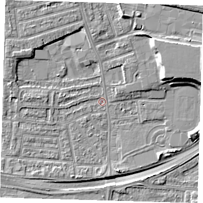 Shaded relief map of the ground around E138SG, computed from Environment Agency LiDAR. The ground here sits at about 2 m above sea level and falls 14 m across the surrounding 800 m. Surface water reaching this point runs off ground lying to the north-west, 4.7 m higher.