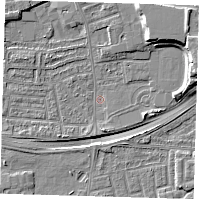 Shaded relief map of the ground around E138SN, computed from Environment Agency LiDAR. The ground here sits at about 1 m above sea level and falls 16 m across the surrounding 800 m. Surface water reaching this point runs off ground lying to the south, 3.1 m higher.
