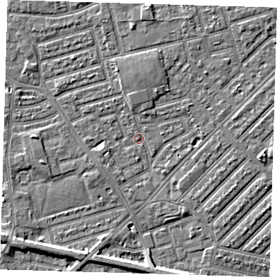 Shaded relief map of the ground around E139DX, computed from Environment Agency LiDAR. The ground here sits at about 6 m above sea level and falls 6 m across the surrounding 800 m. Surface water reaching this point runs off ground lying to the north, 4.4 m higher.