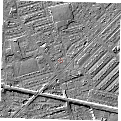 Shaded relief map of the ground around E139DZ, computed from Environment Agency LiDAR. The ground here sits at about 6 m above sea level and falls 6 m across the surrounding 800 m. Surface water reaching this point runs off ground lying to the west-north-west, 1.6 m higher.
