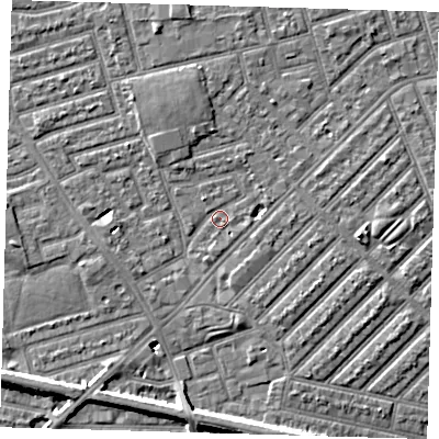 Shaded relief map of the ground around E139EA, computed from Environment Agency LiDAR. The ground here sits at about 6 m above sea level and falls 6 m across the surrounding 800 m. Surface water reaching this point runs off ground lying to the north-north-west, 4.4 m higher.