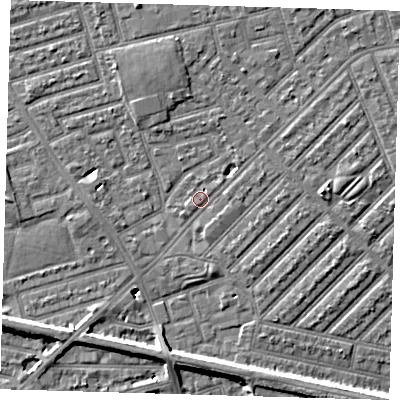 Shaded relief map of the ground around E139EZ, computed from Environment Agency LiDAR. The ground here sits at about 6 m above sea level and falls 6 m across the surrounding 800 m. Surface water reaching this point runs off ground lying to the east-north-east, 1.8 m higher.