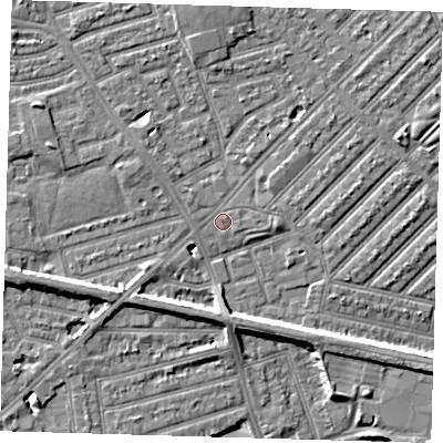 Shaded relief map of the ground around E139JU, computed from Environment Agency LiDAR. The ground here sits at about 6 m above sea level and falls 6 m across the surrounding 800 m. Surface water reaching this point runs off ground lying to the north, 4.2 m higher.