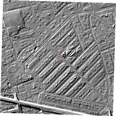Shaded relief map of the ground around E139LL, computed from Environment Agency LiDAR. The ground here sits at about 6 m above sea level and falls 6 m across the surrounding 800 m. Surface water reaching this point runs off ground lying to the north-east, 1.9 m higher.