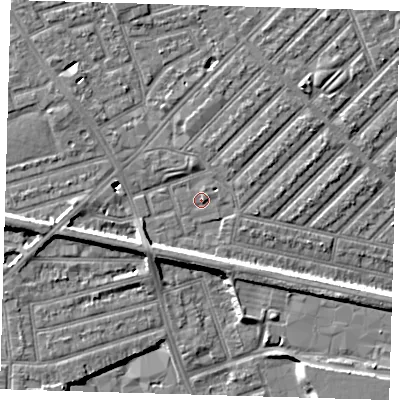 Shaded relief map of the ground around E139NB, computed from Environment Agency LiDAR. The ground here sits at about 5 m above sea level and falls 7 m across the surrounding 800 m. Surface water reaching this point runs off ground lying to the west-south-west, 6.0 m higher.