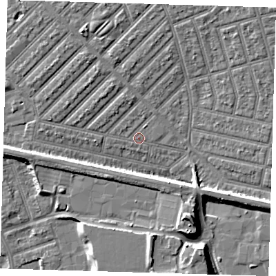 Shaded relief map of the ground around E139NE, computed from Environment Agency LiDAR. The ground here sits at about 5 m above sea level and falls 11 m across the surrounding 800 m. Surface water reaching this point runs off ground lying to the north-west, 2.3 m higher.