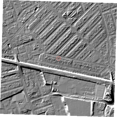 Shaded relief map of the ground around E139NF, computed from Environment Agency LiDAR. The ground here sits at about 5 m above sea level and falls 11 m across the surrounding 800 m. Surface water reaching this point runs off ground lying to the north-north-east, 1.5 m higher.