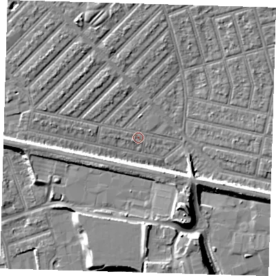Shaded relief map of the ground around E139NG, computed from Environment Agency LiDAR. The ground here sits at about 4 m above sea level and falls 11 m across the surrounding 800 m. Surface water reaching this point runs off ground lying to the north-west, 2.3 m higher.
