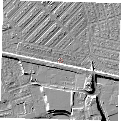 Shaded relief map of the ground around E139NH, computed from Environment Agency LiDAR. The ground here sits at about 4 m above sea level and falls 12 m across the surrounding 800 m. Surface water reaching this point runs off ground lying to the east-south-east, 6.2 m higher.