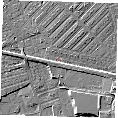 Shaded relief map of the ground around E139NJ, computed from Environment Agency LiDAR. The ground here sits at about 5 m above sea level and falls 11 m across the surrounding 800 m. Surface water reaching this point runs off ground lying to the west, 6.0 m higher.