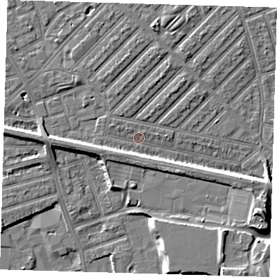 Shaded relief map of the ground around E139NL, computed from Environment Agency LiDAR. The ground here sits at about 5 m above sea level and falls 11 m across the surrounding 800 m. Surface water reaching this point runs off ground lying to the west, 5.8 m higher.