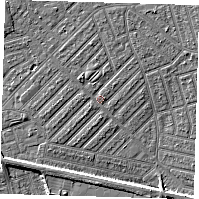 Shaded relief map of the ground around E139NP, computed from Environment Agency LiDAR. The ground here sits at about 6 m above sea level and falls 6 m across the surrounding 800 m. Surface water reaching this point runs off ground lying to the north-west, 2.5 m higher.