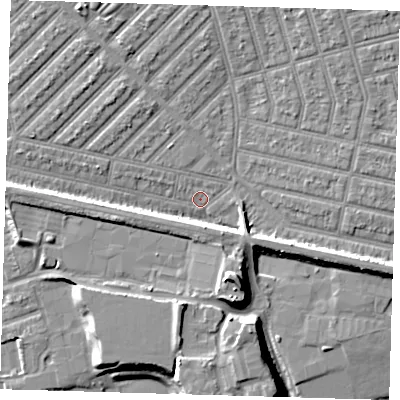 Shaded relief map of the ground around E139NQ, computed from Environment Agency LiDAR. The ground here sits at about 4 m above sea level and falls 12 m across the surrounding 800 m. Surface water reaching this point runs off ground lying to the south-south-east, 6.2 m higher.
