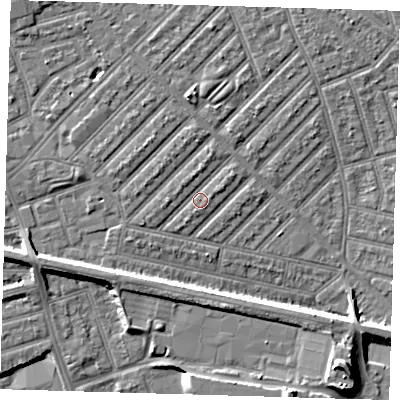 Shaded relief map of the ground around E139PA, computed from Environment Agency LiDAR. The ground here sits at about 6 m above sea level and falls 11 m across the surrounding 800 m. Surface water reaching this point runs off ground lying to the north, 1.3 m higher.