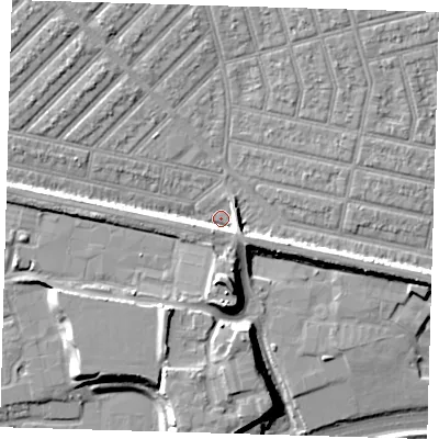 Shaded relief map of the ground around E139PD, computed from Environment Agency LiDAR. The ground here sits at about 4 m above sea level and falls 12 m across the surrounding 800 m. Surface water reaching this point runs off ground lying to the south-south-west, 6.1 m higher.