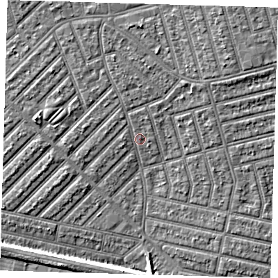 Shaded relief map of the ground around E139PT, computed from Environment Agency LiDAR. The ground here sits at about 6 m above sea level and falls 6 m across the surrounding 800 m. Surface water reaching this point runs off ground lying to the north-east, 3.3 m higher.