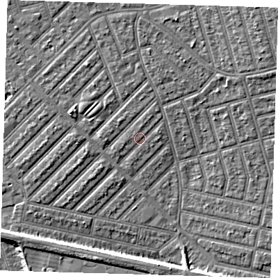 Shaded relief map of the ground around E139PU, computed from Environment Agency LiDAR. The ground here sits at about 6 m above sea level and falls 6 m across the surrounding 800 m. Surface water reaching this point runs off ground lying to the north-north-east, 1.1 m higher.