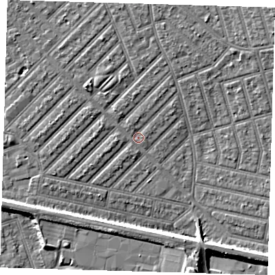 Shaded relief map of the ground around E139PX, computed from Environment Agency LiDAR. The ground here sits at about 5 m above sea level and falls 10 m across the surrounding 800 m. Surface water reaching this point runs off ground lying to the north-west, 3.0 m higher.