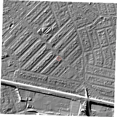 Shaded relief map of the ground around E139PY, computed from Environment Agency LiDAR. The ground here sits at about 5 m above sea level and falls 10 m across the surrounding 800 m. Surface water reaching this point runs off ground lying to the north-west, 3.1 m higher.