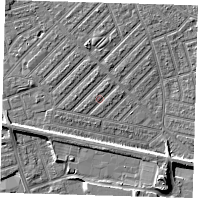 Shaded relief map of the ground around E139PZ, computed from Environment Agency LiDAR. The ground here sits at about 6 m above sea level and falls 11 m across the surrounding 800 m. Surface water reaching this point runs off ground lying to the north, 1.5 m higher.