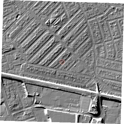 Shaded relief map of the ground around E139QA, computed from Environment Agency LiDAR. The ground here sits at about 5 m above sea level and falls 10 m across the surrounding 800 m. Surface water reaching this point runs off ground lying to the north-west, 2.0 m higher.