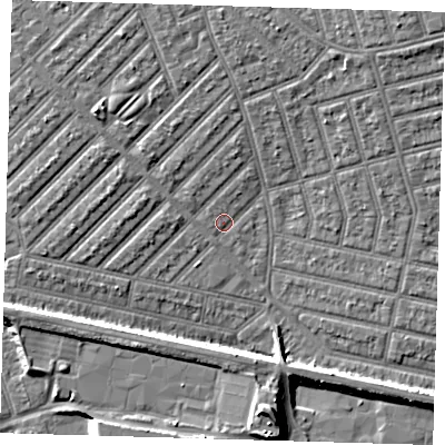 Shaded relief map of the ground around E139QB, computed from Environment Agency LiDAR. The ground here sits at about 5 m above sea level and falls 10 m across the surrounding 800 m. Surface water reaching this point runs off ground lying to the north-west, 3.5 m higher.