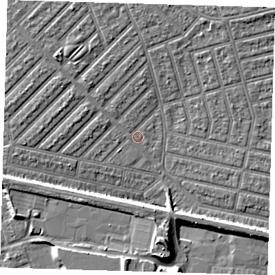 Shaded relief map of the ground around E139QD, computed from Environment Agency LiDAR. The ground here sits at about 5 m above sea level and falls 10 m across the surrounding 800 m. Surface water reaching this point runs off ground lying to the north-west, 3.5 m higher.