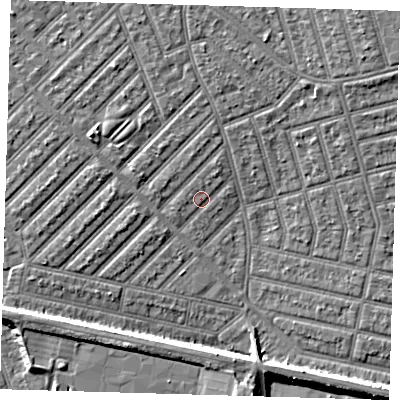 Shaded relief map of the ground around E139QE, computed from Environment Agency LiDAR. The ground here sits at about 5 m above sea level and falls 8 m across the surrounding 800 m. Surface water reaching this point runs off ground lying to the north-north-east, 1.4 m higher.