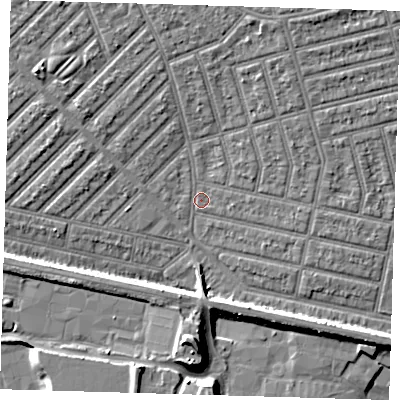 Shaded relief map of the ground around E139QF, computed from Environment Agency LiDAR. The ground here sits at about 4 m above sea level and falls 10 m across the surrounding 800 m. Surface water reaching this point runs off ground lying to the north-north-east, 3.1 m higher.