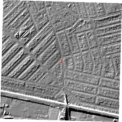 Shaded relief map of the ground around E139QG, computed from Environment Agency LiDAR. The ground here sits at about 4 m above sea level and falls 10 m across the surrounding 800 m. Surface water reaching this point runs off ground lying to the north-north-east, 4.1 m higher.