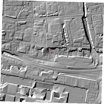 Shaded relief map of the ground around E140AF, computed from Environment Agency LiDAR. The ground here sits at about 3 m above sea level and falls 19 m across the surrounding 800 m. Surface water reaching this point runs off ground lying to the north-north-east, 6.1 m higher.