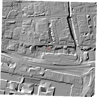 Shaded relief map of the ground around E140AG, computed from Environment Agency LiDAR. The ground here sits at about 3 m above sea level and falls 14 m across the surrounding 800 m. Surface water reaching this point runs off ground lying to the north, 6.1 m higher.