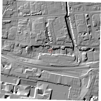 Shaded relief map of the ground around E140AH, computed from Environment Agency LiDAR. The ground here sits at about 3 m above sea level and falls 11 m across the surrounding 800 m. Surface water reaching this point runs off ground lying to the north-north-west, 6.1 m higher.
